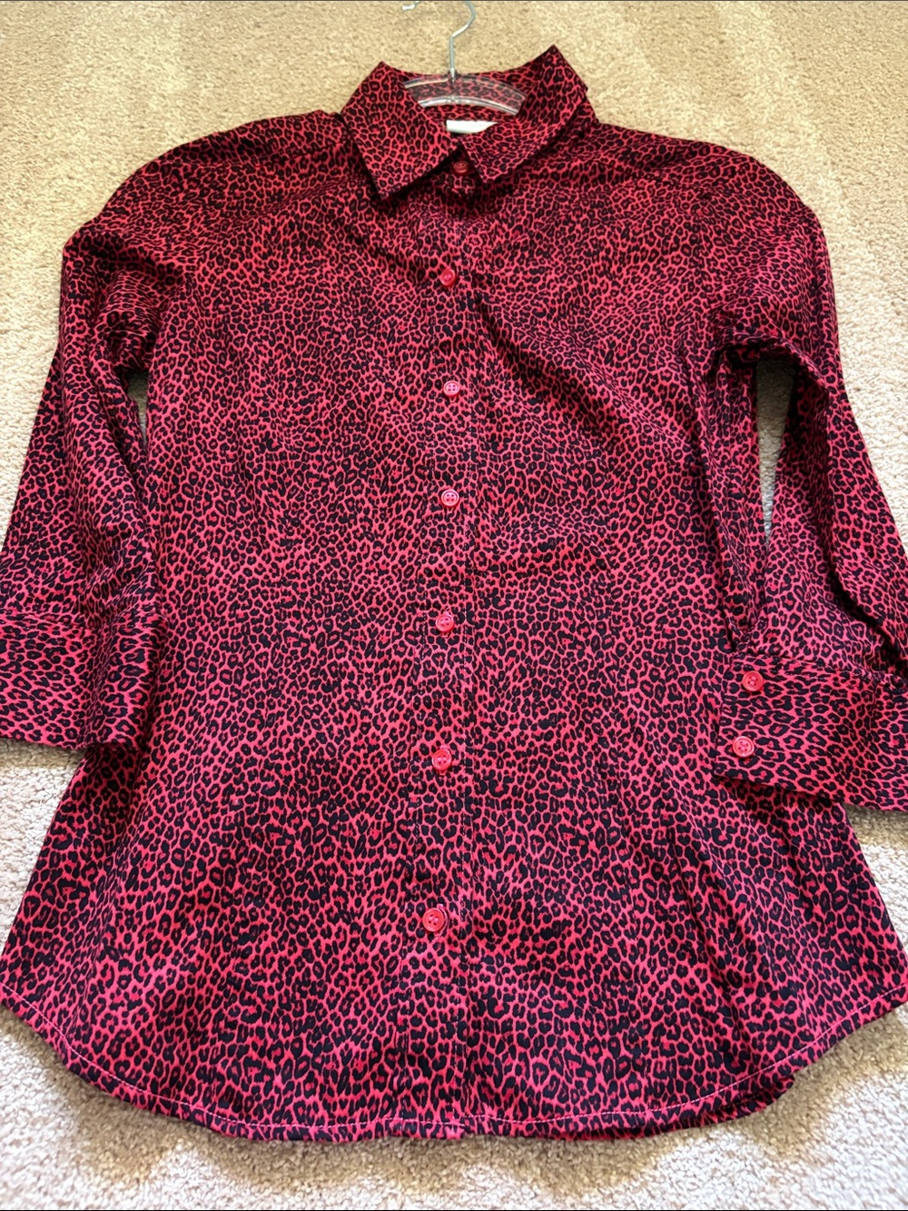 New York & Company Red and Black Leopard Print Button-Down Shirt